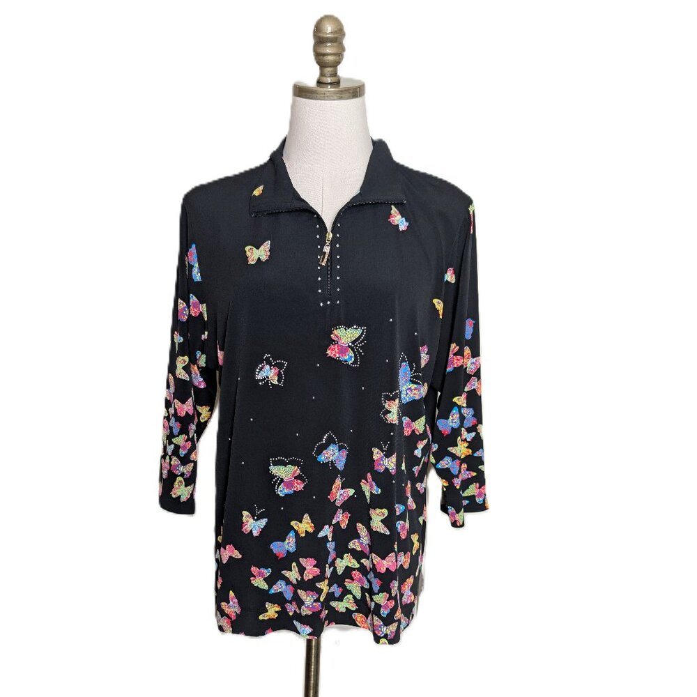 VTG Jackets Galore by John Farah Butterfly Rhinestone Top Size L Multicolor